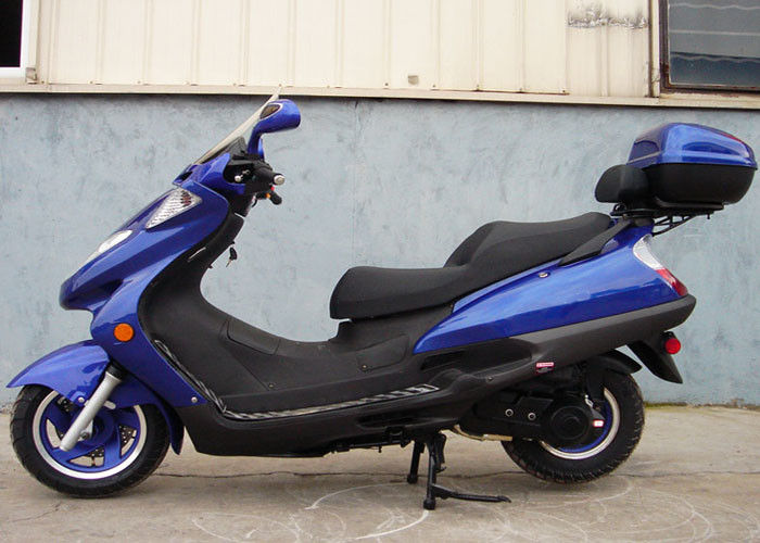 Autoped van het twee Koplampen de Blauwe Volwassen Gas, 150cc-Scooter met 2 Zetels Echt Leer